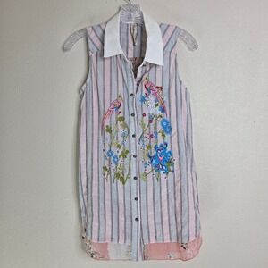 Aratta Silent Journey Top Medium Pink Bird‎ Embroidered Sleeveless Buttons Art